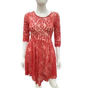 Free People Dress Women’s SZ 0 Slip With Lace Overlay 3/4 Sleeves Red And Cream